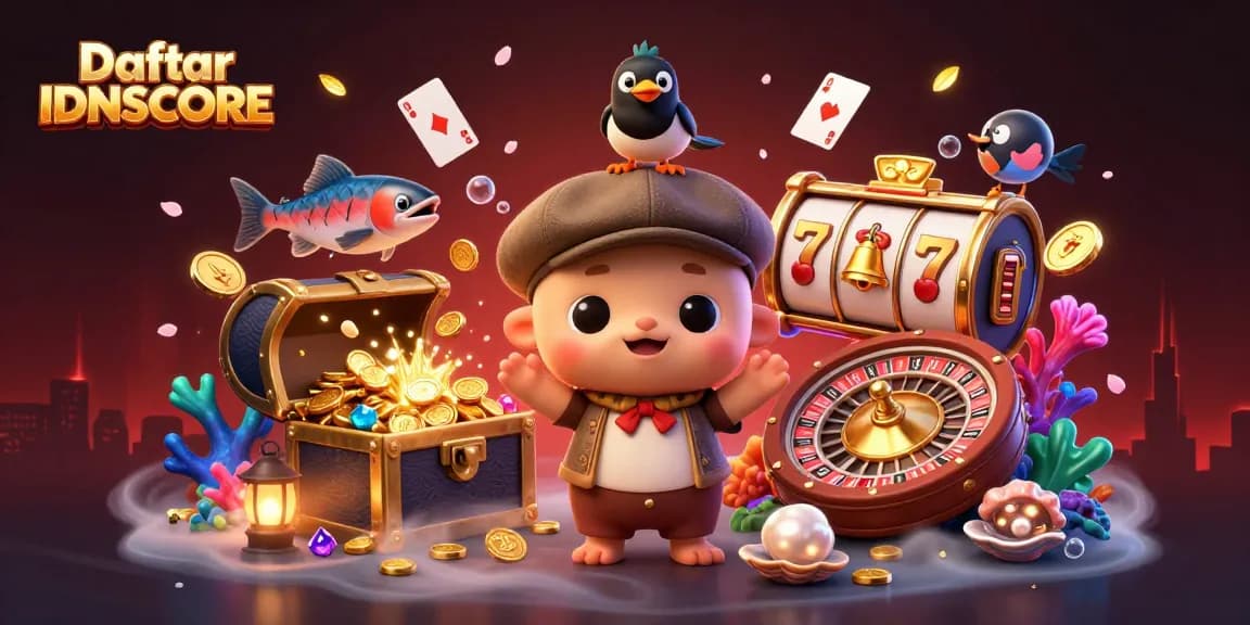 Engage with excitement at Daftar IDNSCORE, featuring a whimsical 3D illustration of Nessie and friends celebrating winning slots.