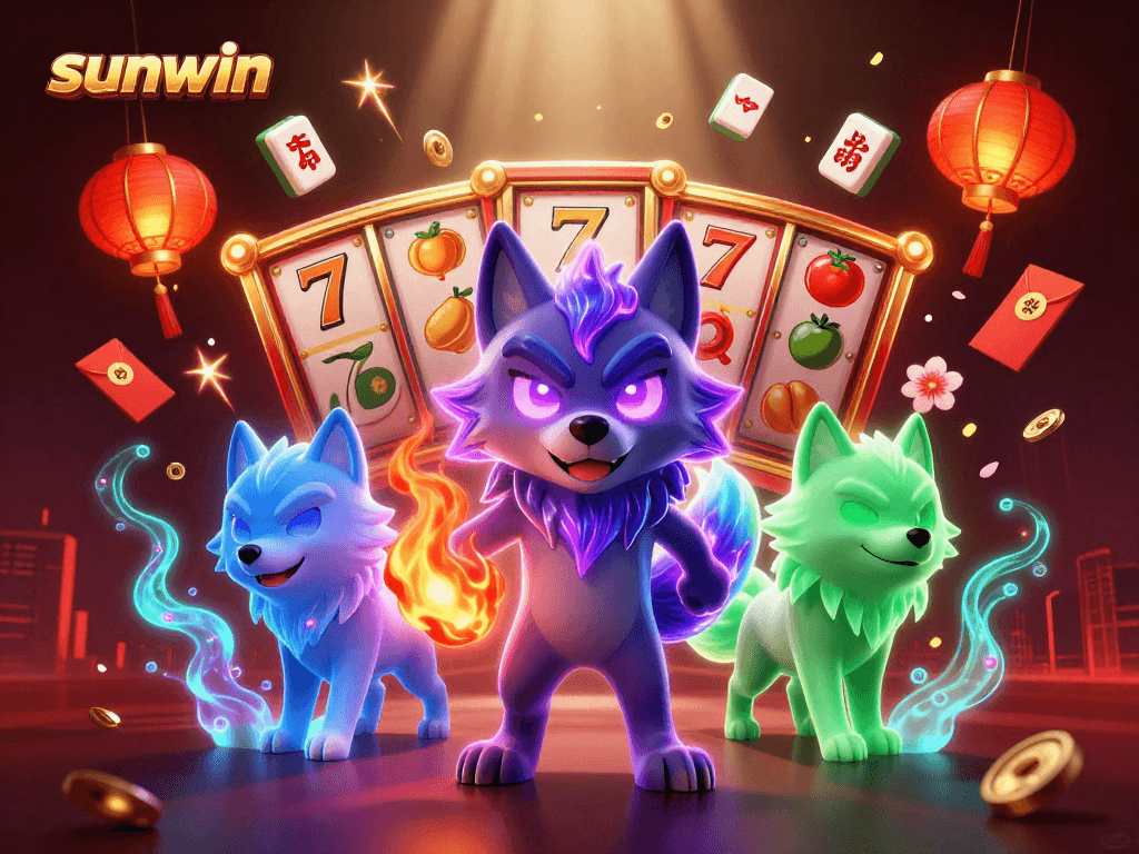 Engage with sunwin's 3D cartoon slot scene featuring vibrant wolf characters and dynamic casino elements.
