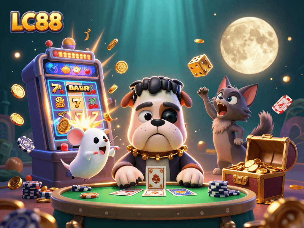 Experience thrilling casino action with LC88 as playful cartoon characters come alive amidst vibrant jackpot symbols.