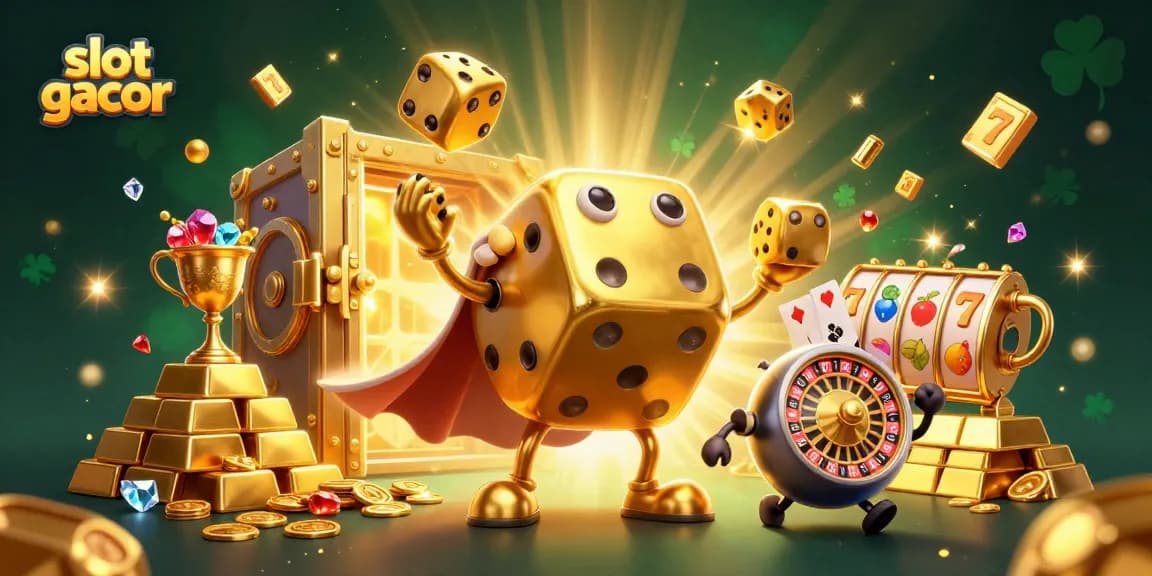 Experience the excitement of slot gacor with this vibrant 3D illustration featuring golden dice and casino elements.