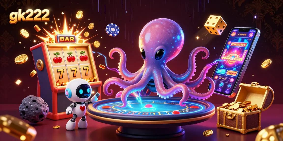 Experience exciting gaming with gk222 as vibrant characters play at a holographic poker table amidst thrilling casino elements.