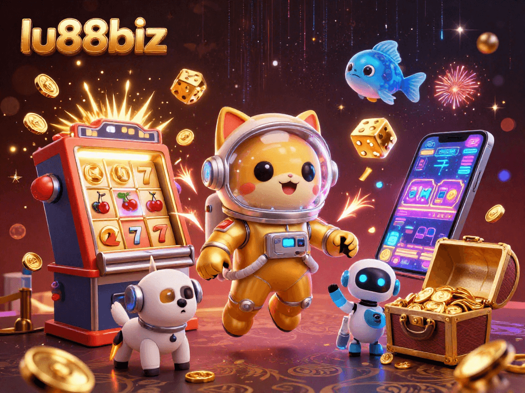 Experience the excitement of lu88biz with vibrant 3D casino elements and characters in action.