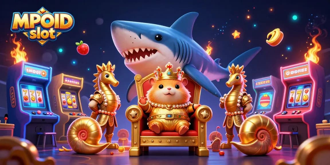 Engage with exciting MPOID slot action featuring a fierce hamster king surrounded by dynamic casino elements.