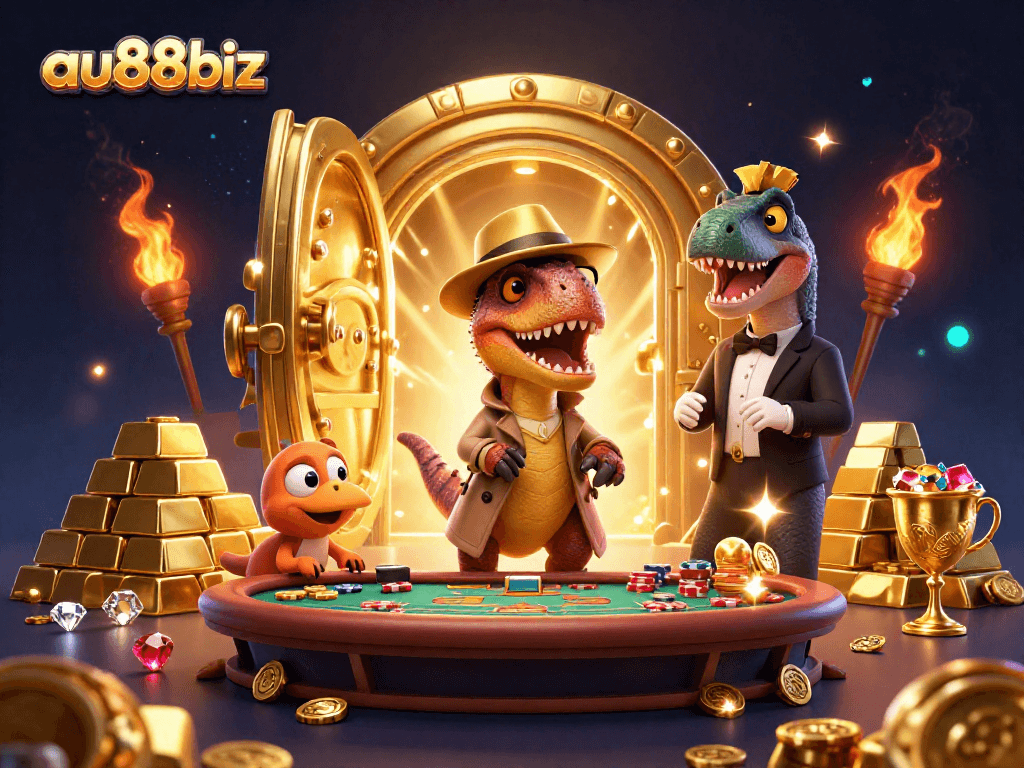 Play and win at au88biz with a velociraptor and friends at a blackjack table surrounded by treasures.