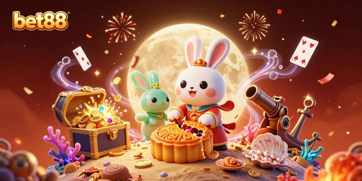 Experience the thrill with bet88’s captivating 3D cartoon moon rabbit illustration showcasing gaming elements.