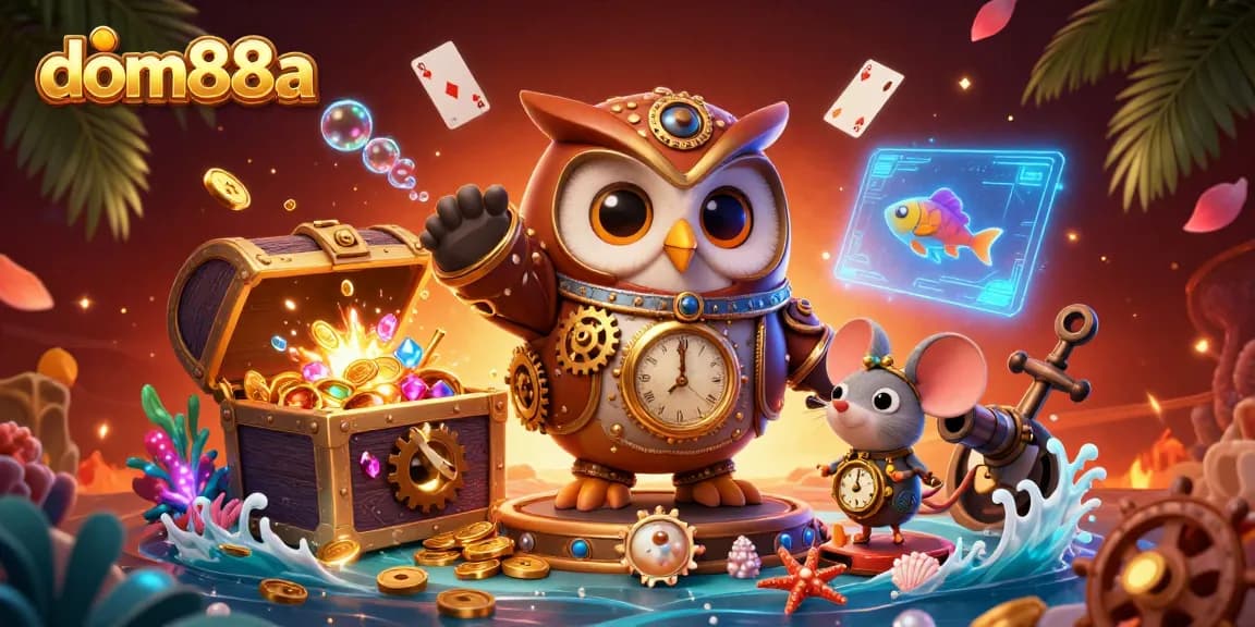 Engage with dom88a's thrilling casino world featuring a time-traveler owl and golden treasures.
