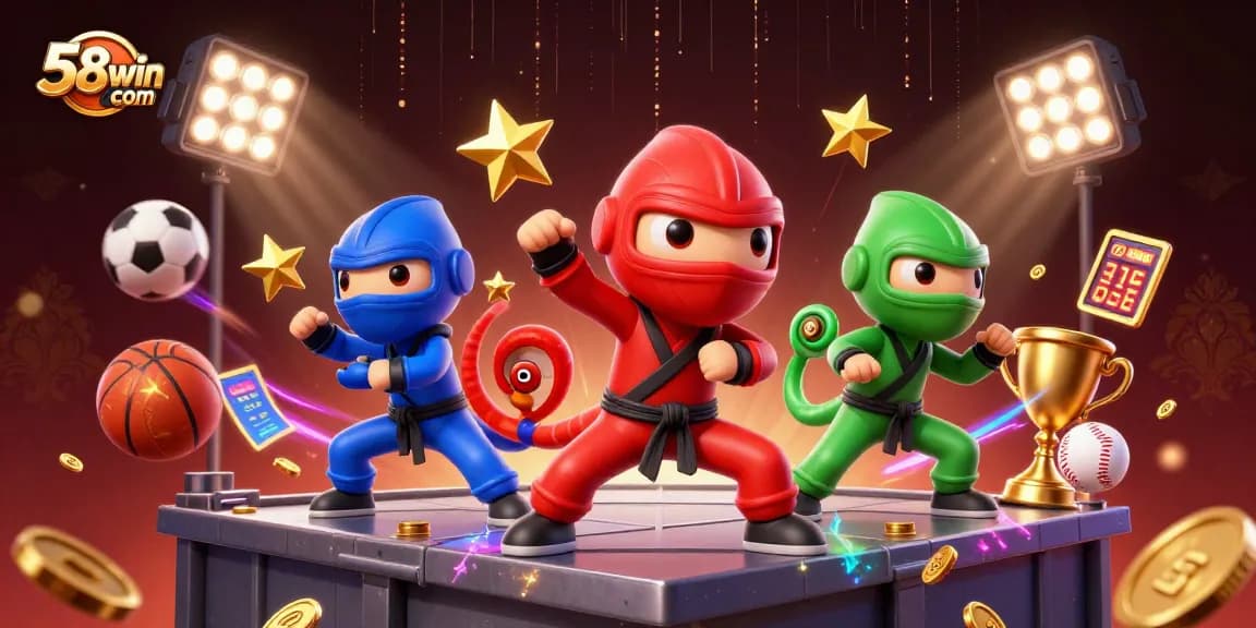 Bet on exciting games with 58win com's dynamic scene of chameleon ninjas and sports elements.
