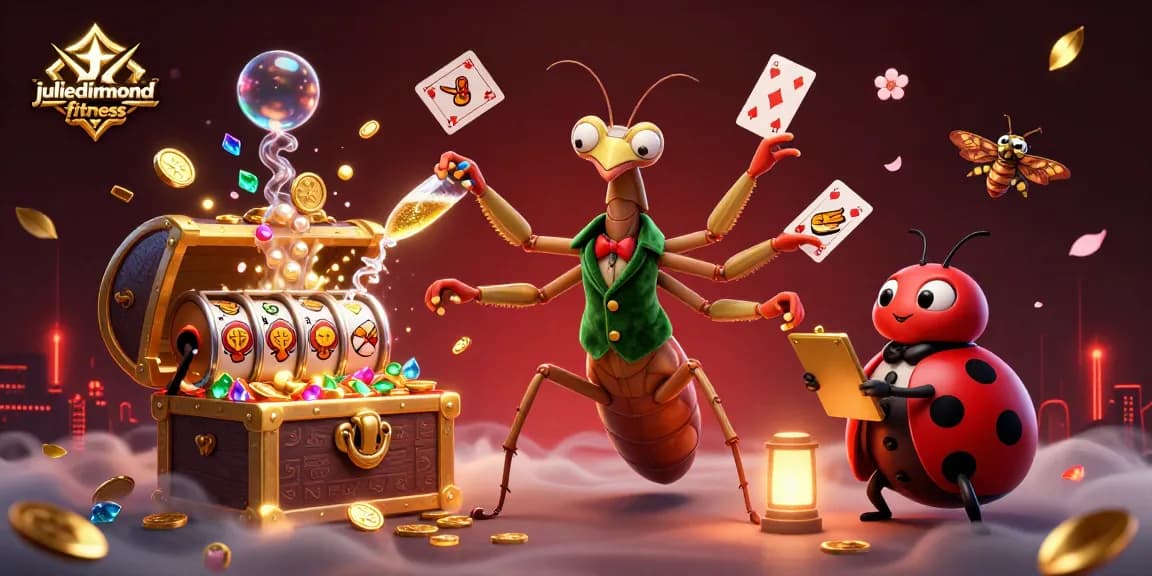 Experience the thrill of slot games with juliediamondfitness in this vibrant casino scene featuring colorful slot reels and dynamic characters.