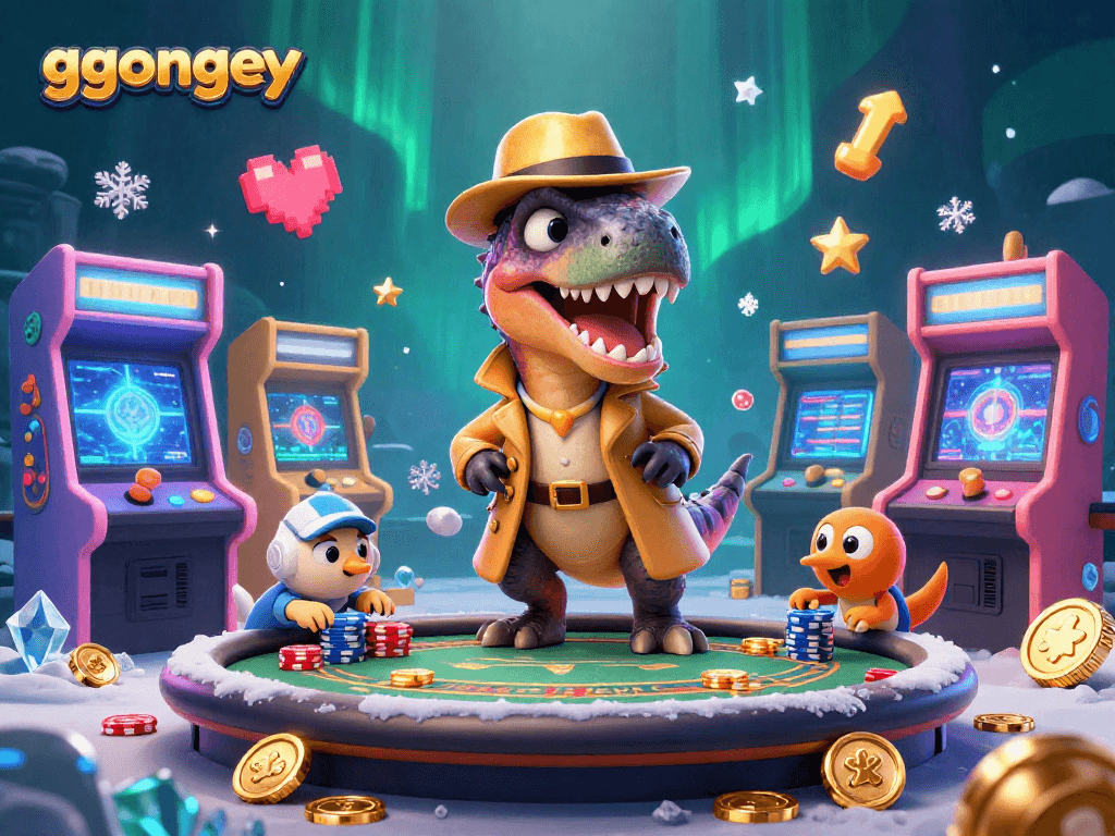 Engage in exciting gameplay at ggongey with a cartoon velociraptor stealing chips at a casino table.