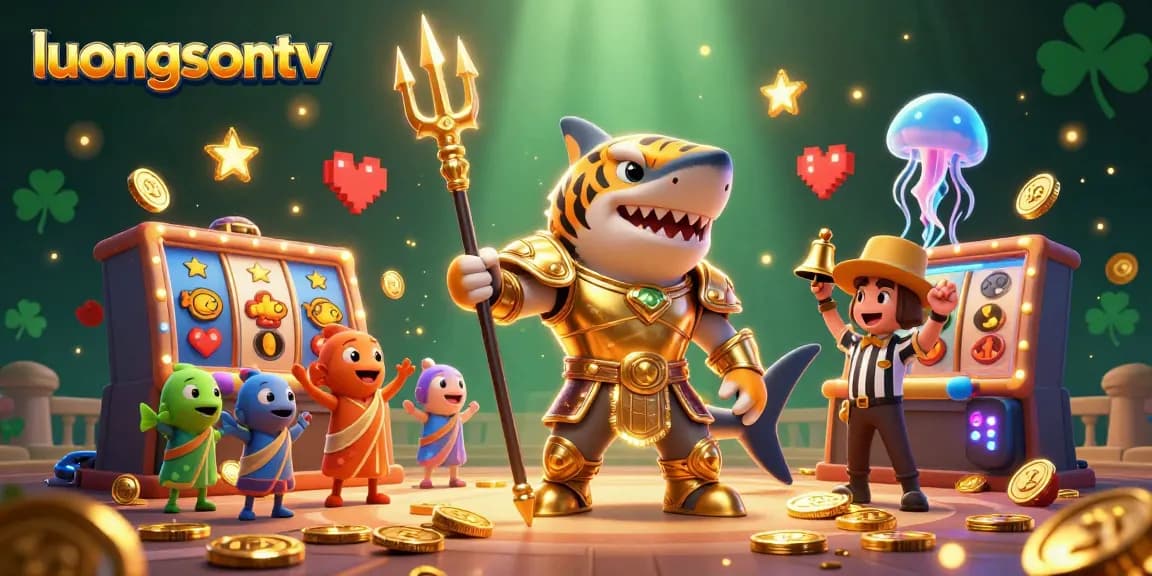 Experience thrilling gaming action with luongsontv as the golden tiger shark takes center stage amidst vibrant slot machines and cheering fish.