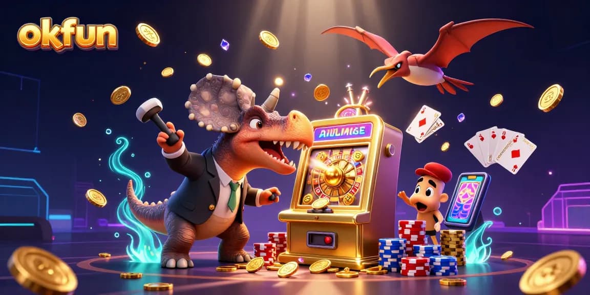 Experience the thrill of slots with okfun as the pachycephalosaurus wins big by headbutting the golden slot machine.