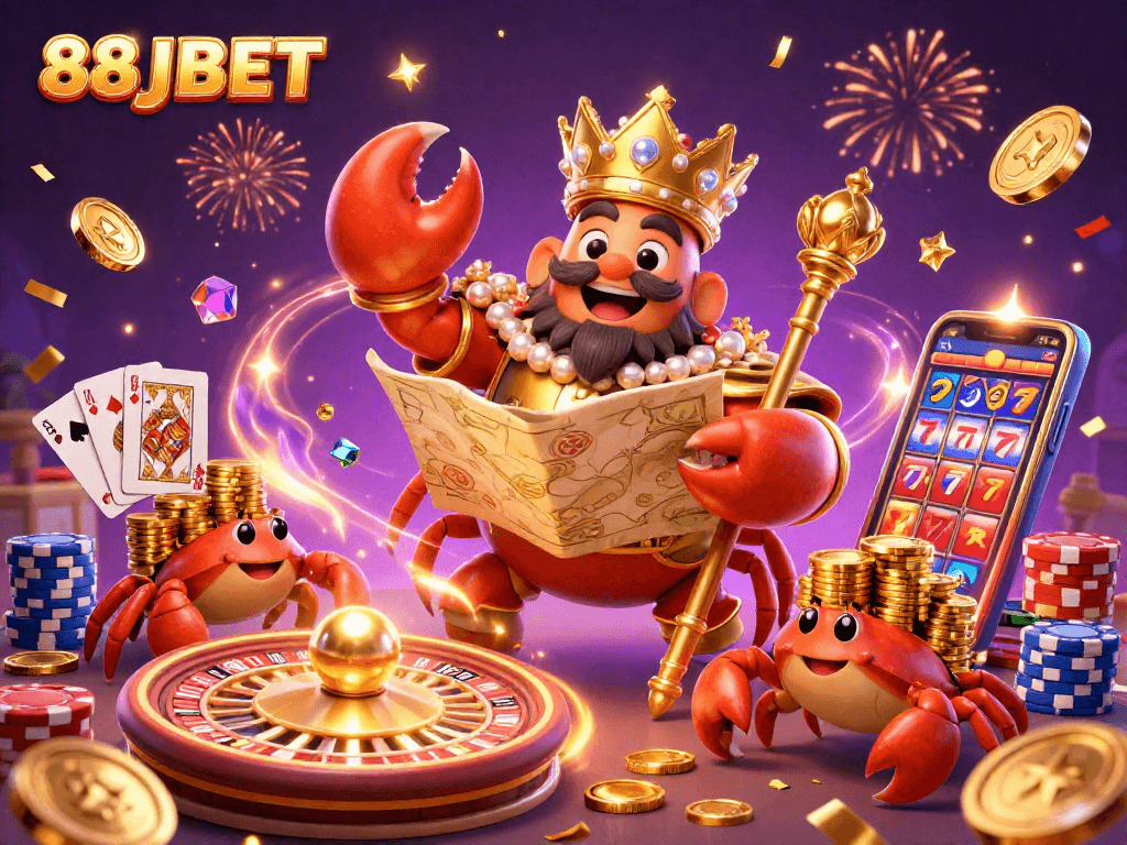 Play exciting games at 88JBET with a golden crab emperor theme, showcasing vibrant casino elements.