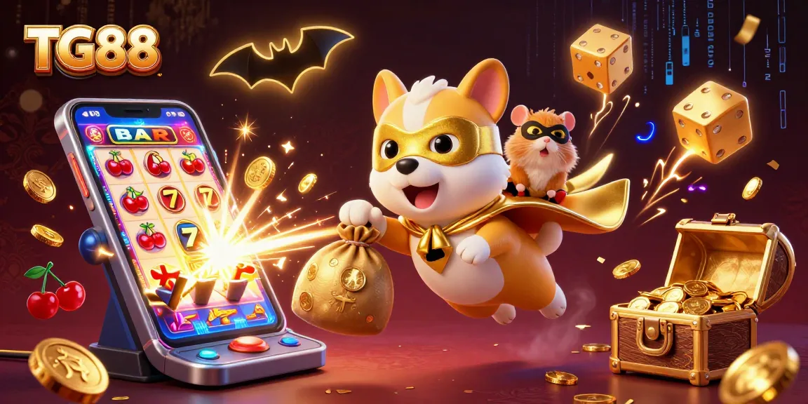 Experience TG88 casino fun with a superhero dog and sidekick amid gold coins and slot machines.