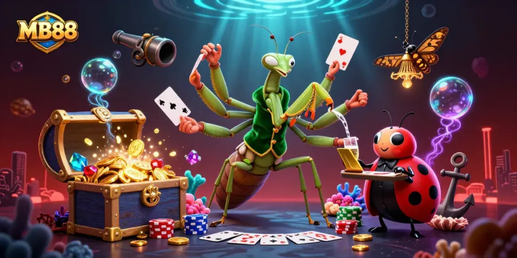 Engage in exciting gameplay at MB88 with a vibrant casino scene filled with gambles, gold coins, and characters.