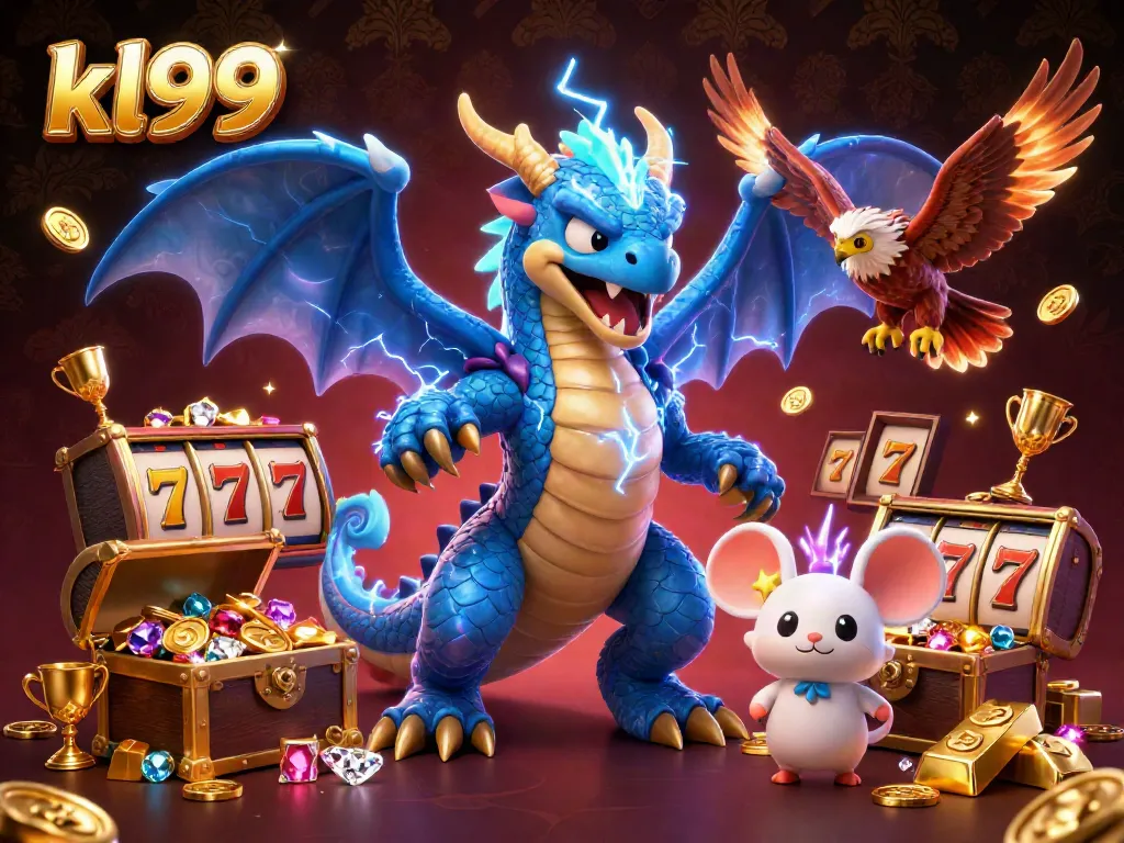 Engage with the kl99 casino adventure featuring dynamic characters surrounded by riches and slot elements.