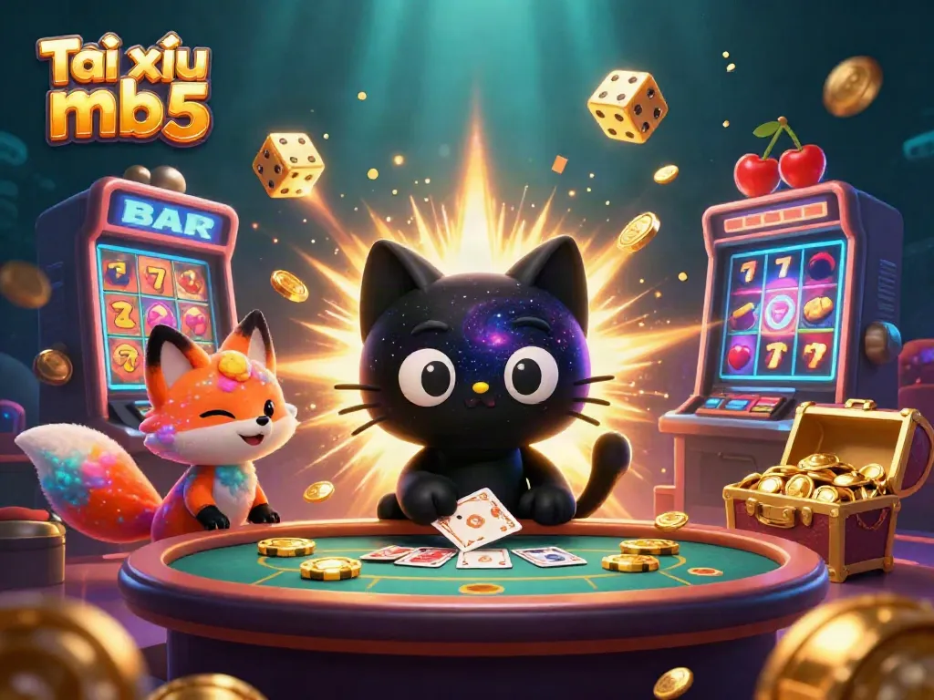 Engage in the thrilling world of Tài xỉu mb5 at a vibrant cosmic casino table with interactive elements.