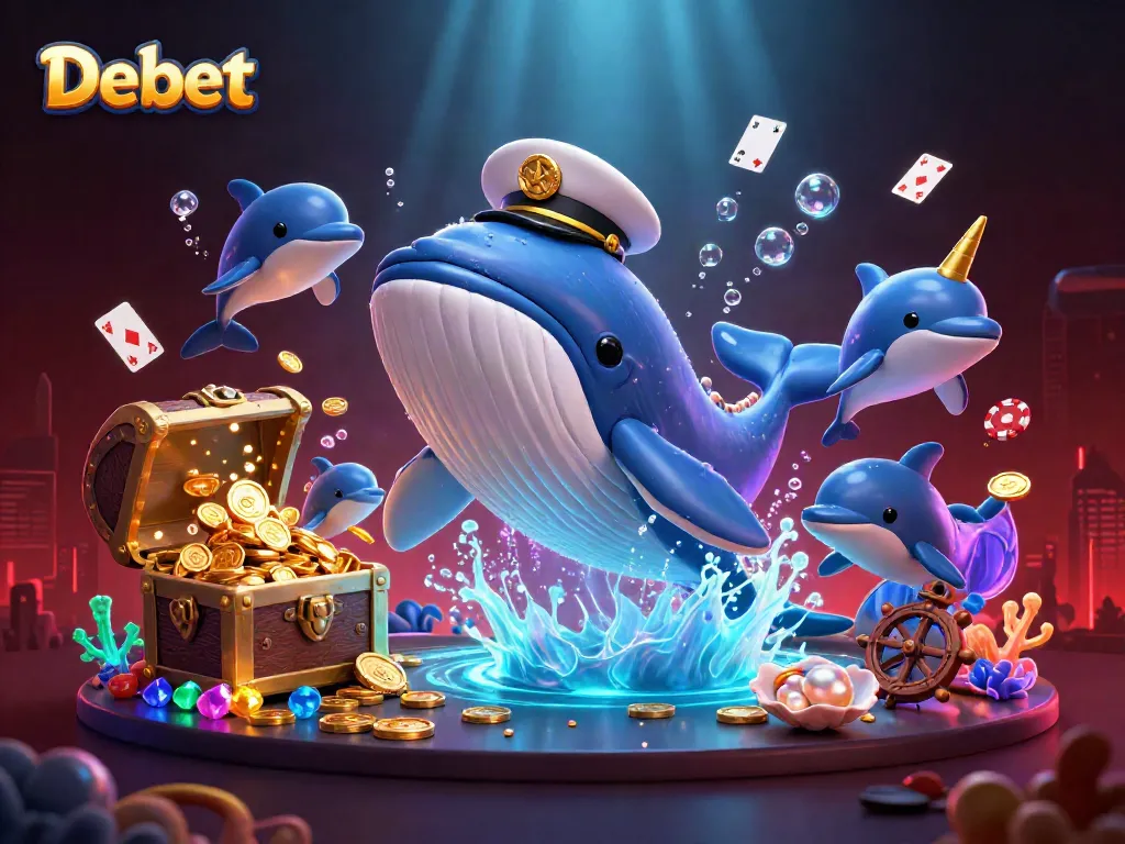 Delve into Debet's exciting world with a vibrant casino scene featuring a whale, narwhal, and playful dolphins.