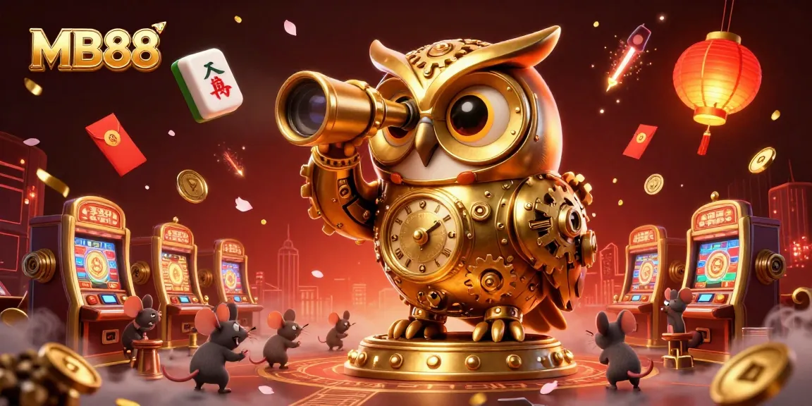 Experience the thrill of MB88 casino with golden owls and bustling slot machines in a vibrant scene.