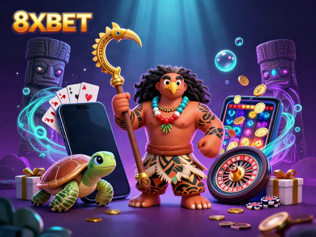 Engage with 8XBET as a Polynesian demigod hawk and turtle celebrate slots and casino thrill.