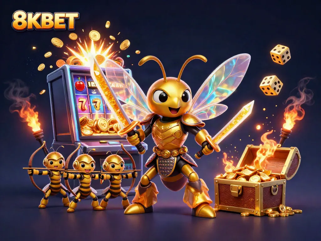 Experience the excitement of 8KBET with rich visuals of a golden hornet samurai and a jackpot explosion.