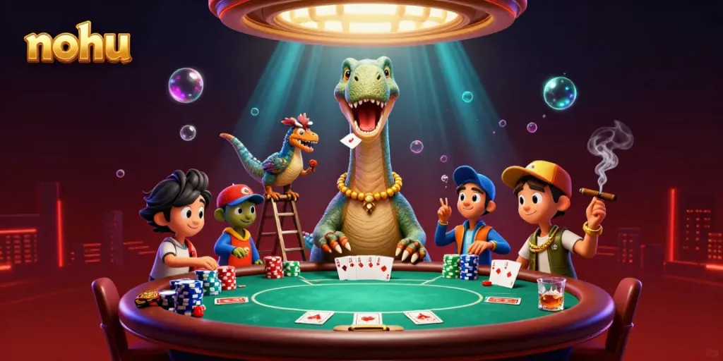 Nohu brings excitement alive with a vibrant casino scene featuring a giant brontosaurus and card-dealing raptor.