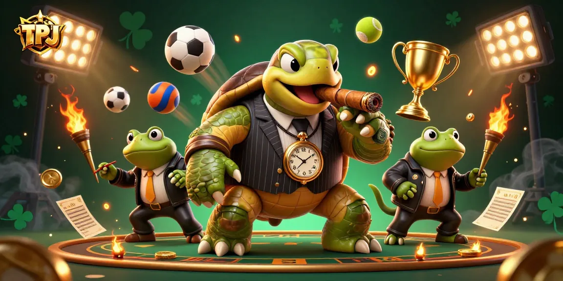 Engage with TPJ in a vibrant sports betting scene featuring a snapping turtle and bullfrogs.