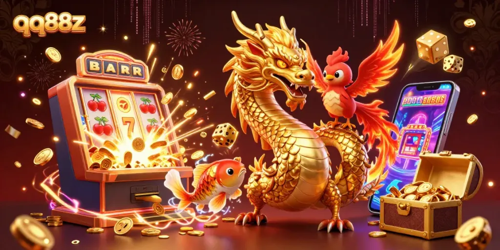 Engage with qq88z's vibrant casino world through a dynamic illustration featuring gaming excitement.