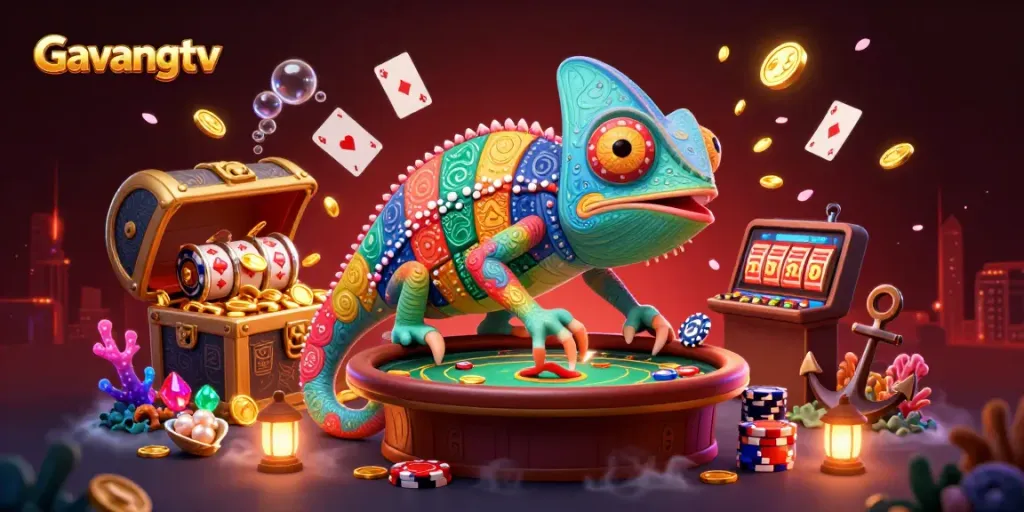 Gavangtv platform showcases a dynamic 3D scene with a chameleon casino owner amidst vibrant gaming elements.