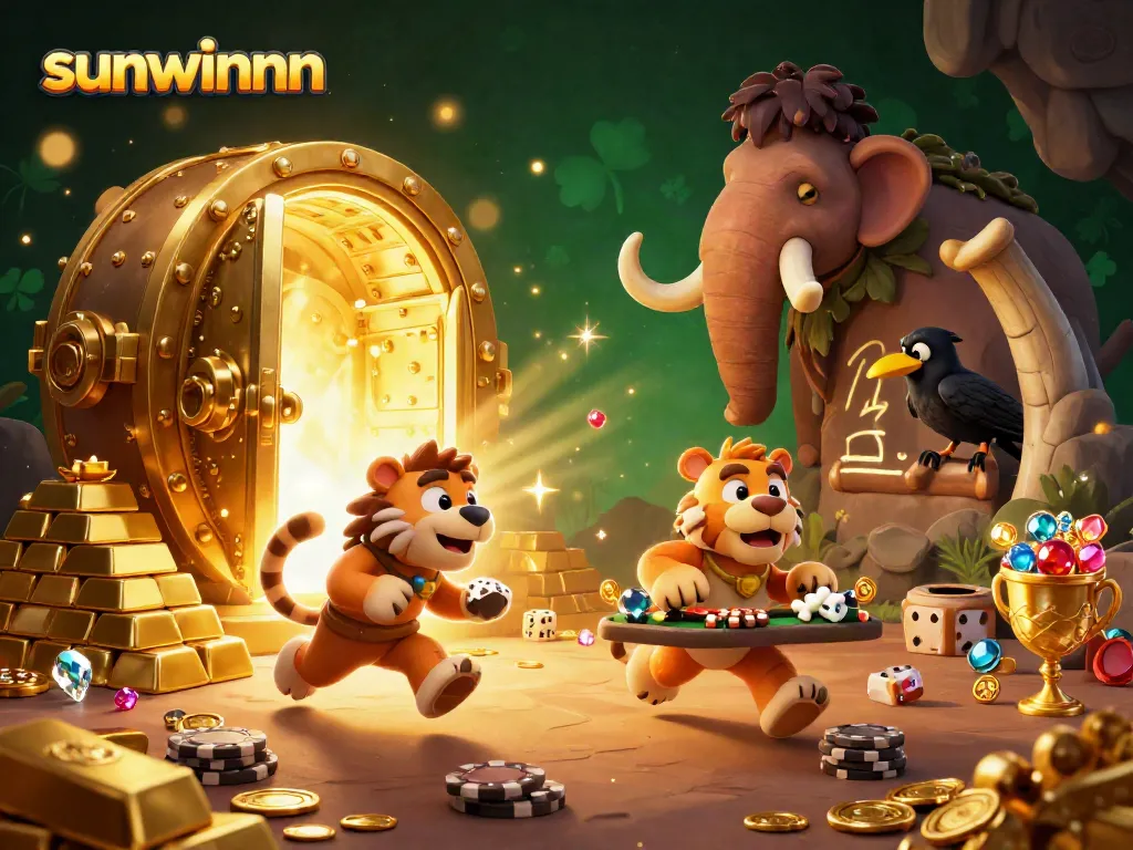 Experience the excitement at sunwinnn, where cavemen deal cards in a treasure-filled casino.