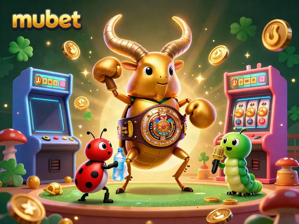 Engage with mubet's vibrant casino action featuring a golden stag beetle and arcade themes.