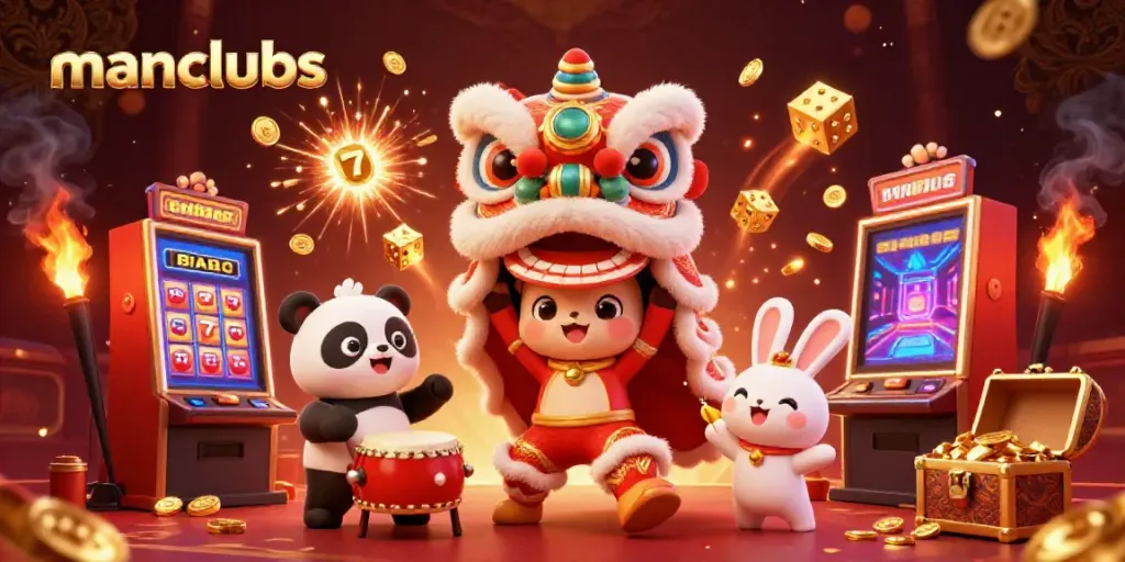Experience the thrill of manclubs gaming with a lively 3D lion dance and casino elements bursting with coins.