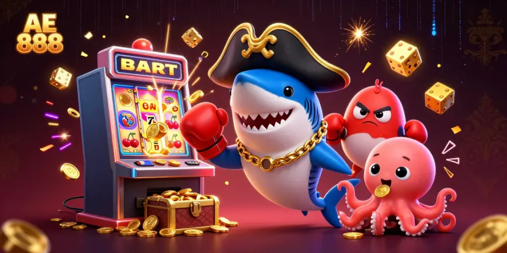 Experience the excitement of AE 888 with an animated pirate shark and friends surrounding a dynamic jackpot scene.