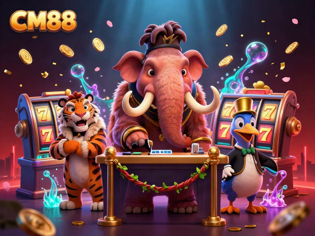 Engage in gaming excitement at CM88 with vibrant slot reels and a unique casino scene.