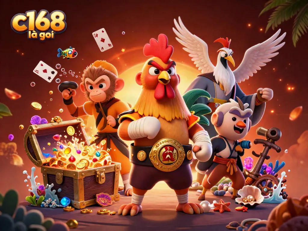 Experience action in c168 là gì with a vibrant 3D cartoon scene featuring casino-themed characters and elements.