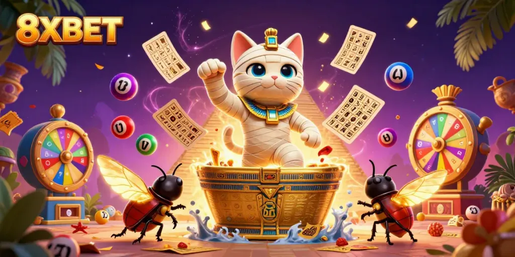 Engage in thrilling adventures with 8XBET in a vibrant casino scene featuring a mummy cat and dynamic game elements.