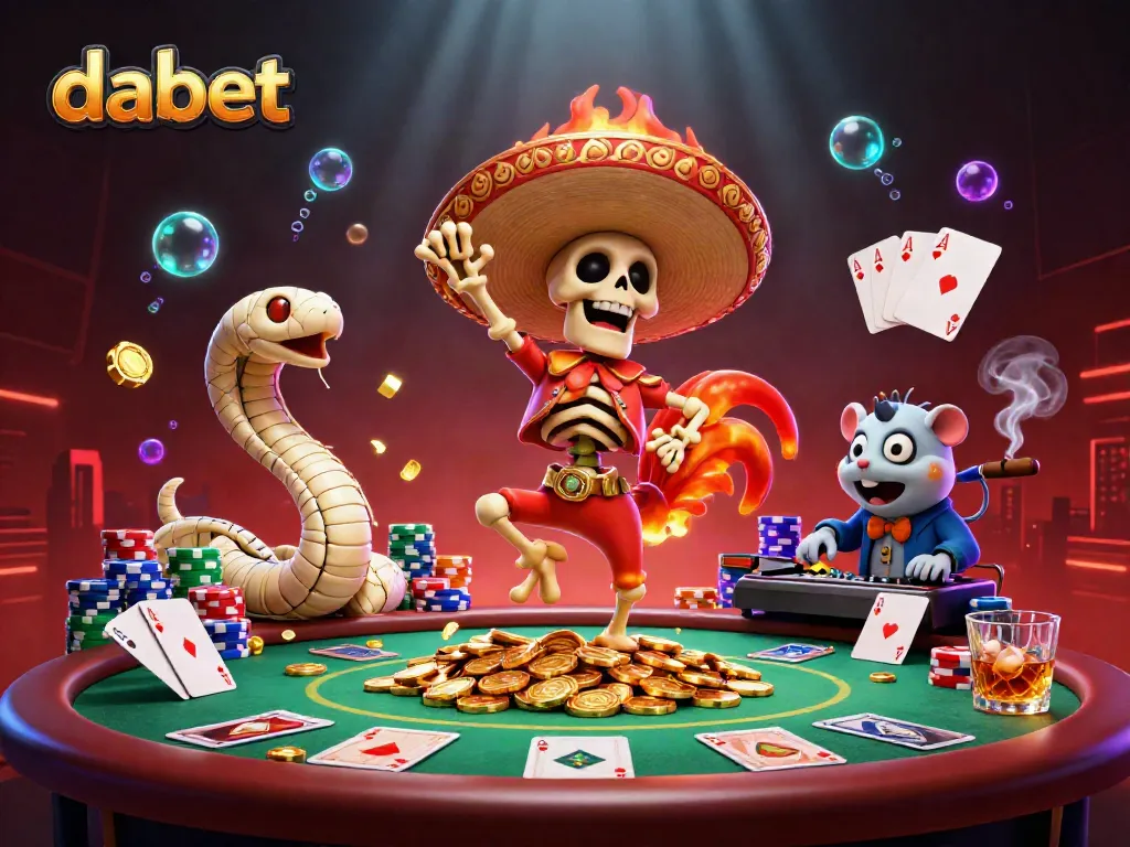 Experience a festive dabet casino scene featuring a skeleton mariachi rooster celebrating on coins with vibrant casino elements.