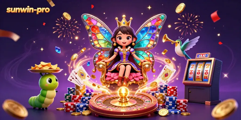 Experience excitement at sunwin-pro with a vibrant casino scene featuring a butterfly queen and golden treasures.