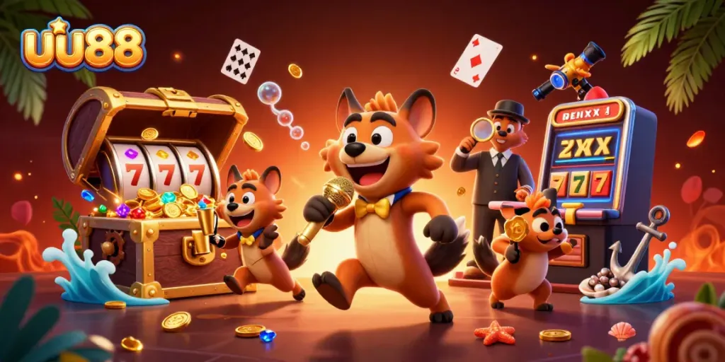 Engaging scene showcasing uu88 hyenas running a comedy casino club with casino elements and dynamic characters.