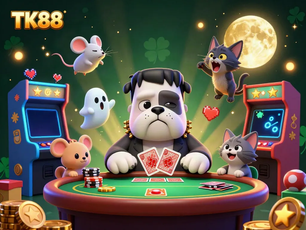 Engage with TK88's thrilling casino atmosphere in a vibrant, animated digital illustration featuring a bulldog dealer and spooky elements.