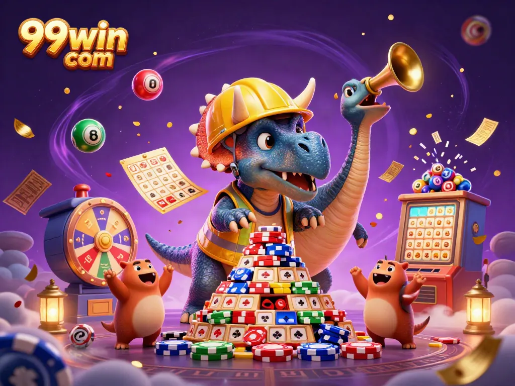 Engage with 99win com's exciting gaming world featuring joyous characters and vibrant casino elements in action.
