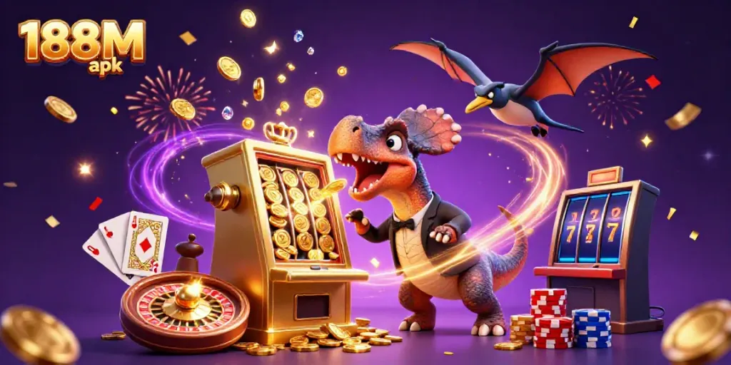 Experience thrilling jackpots with 188M apk as cartoon dinosaurs celebrate at the casino.
