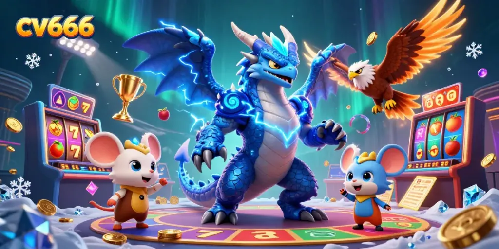 Exciting live casino scene featuring cv666, a thunder dragon, and gold coins in a dynamic 3D illustration.