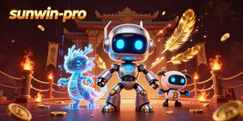 Engage with sunwin-pro's vibrant 3D casino scene featuring cyberpunk robot characters and thrilling gaming elements.