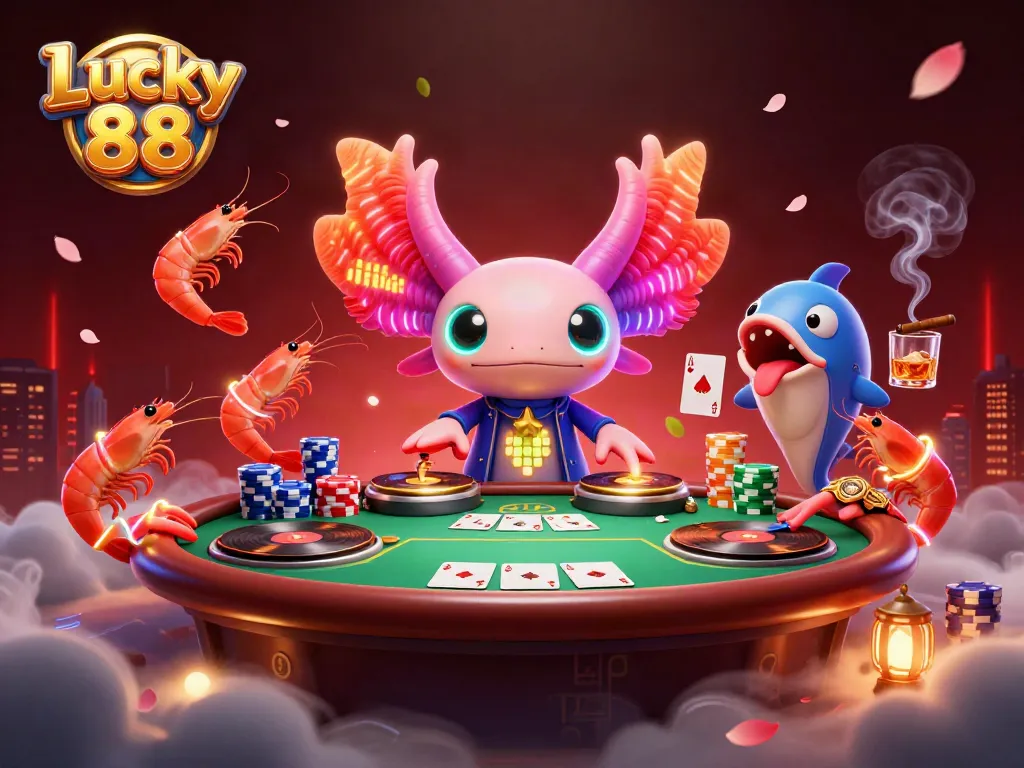 Experience the vibrant Lucky 88 gaming scene with lively axolotl DJ and poker elements.