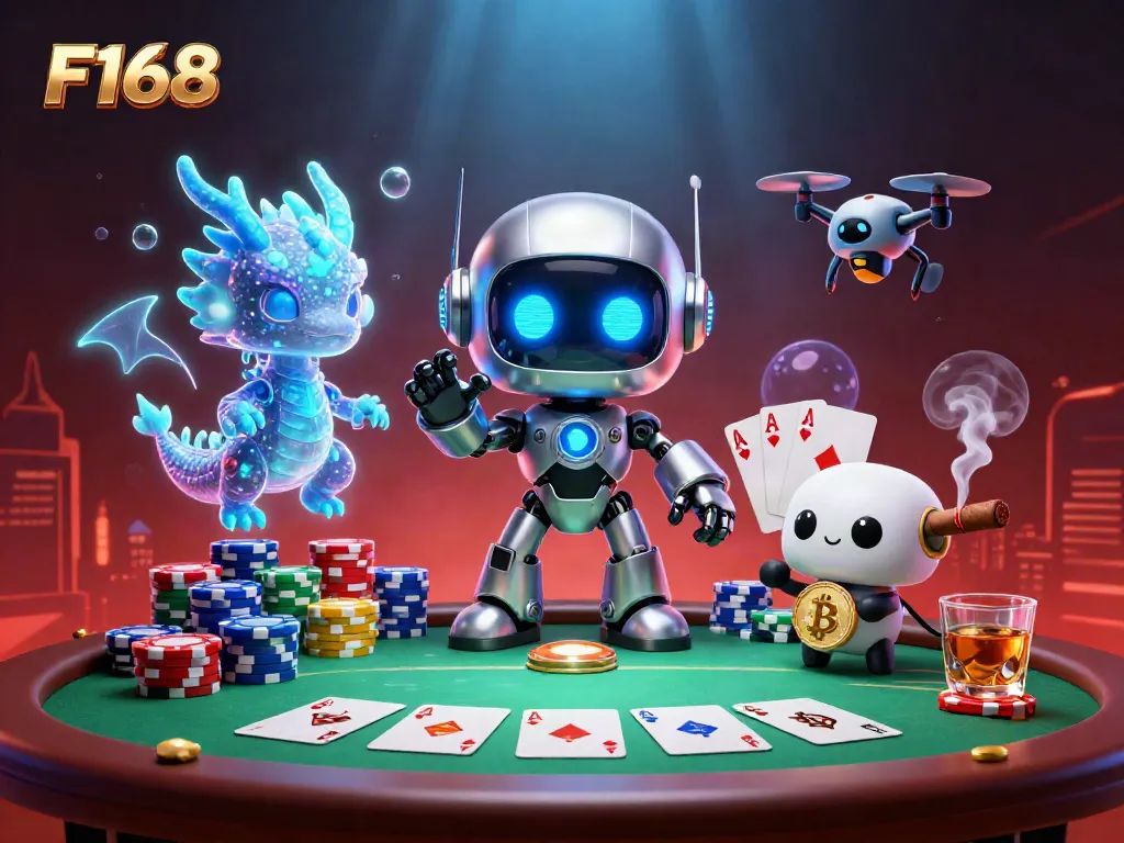 Engage with F168 in a vibrant cyberpunk casino setting, featuring unique characters and game elements.