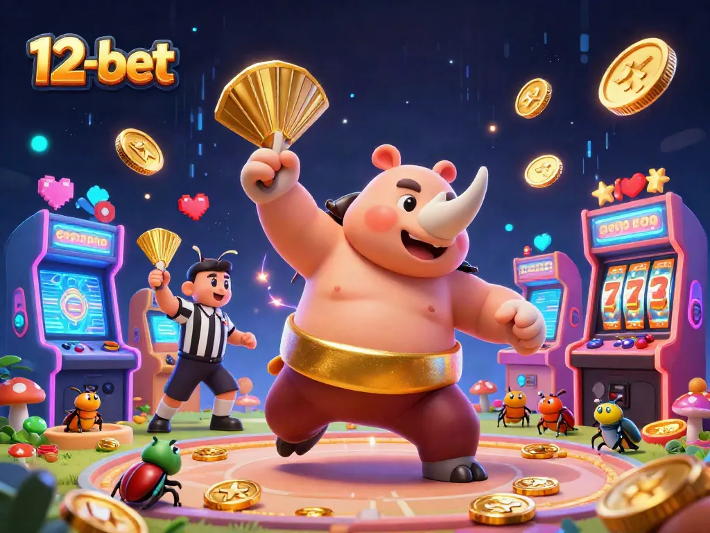 Experience thrilling slots action at 12-bet with a sumo beetle champion amidst glowing game elements.