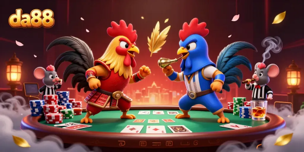 Engage with da88 in a dramatic online poker showdown featuring cartoon roosters and casino elements.