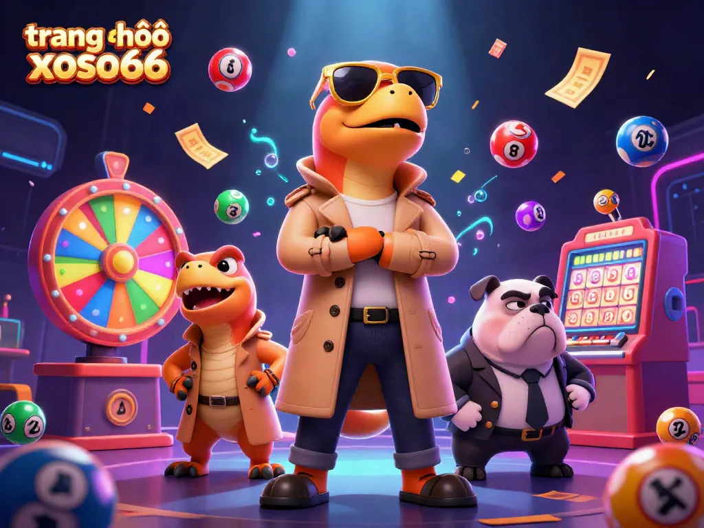 Experience excitement at trang chủ xoso66 as three raptors comically sneak into a VIP casino, surrounded by vibrant lottery elements.