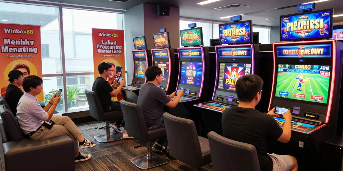 Winbox88 players enjoying mobile casino games in vibrant gaming lounge