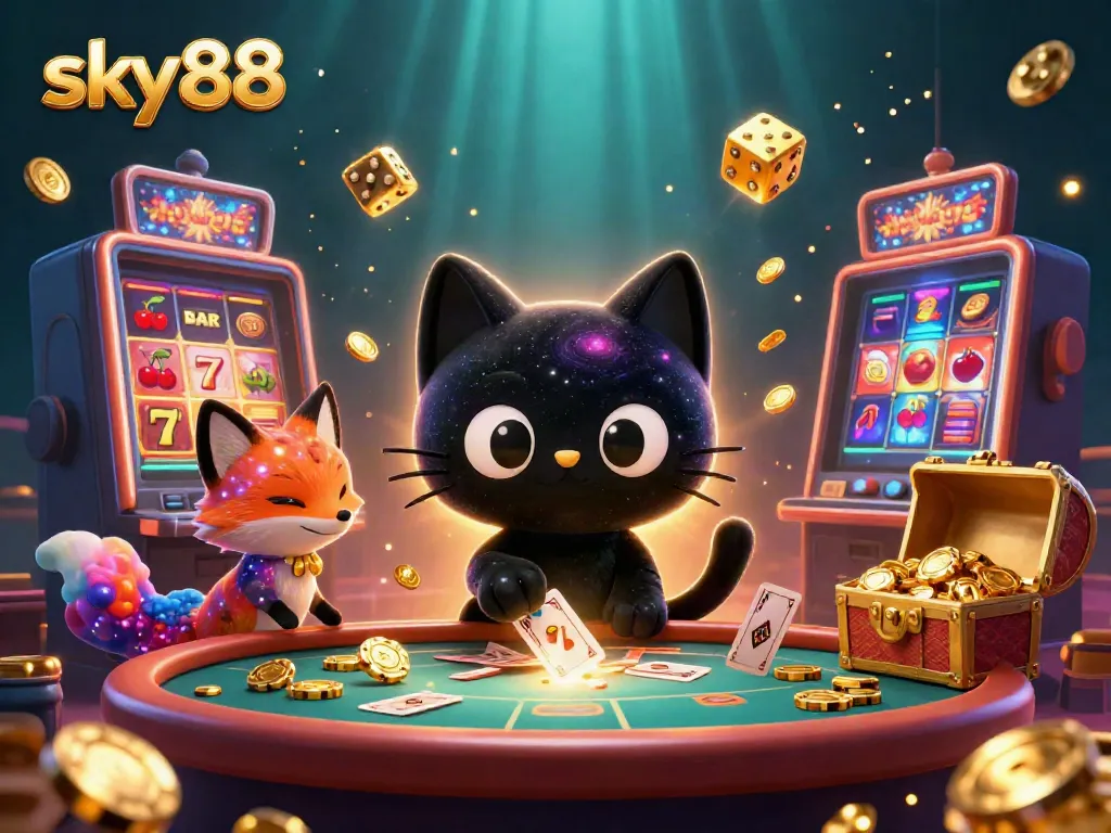 Experience exciting gaming action at sky88 with a cosmic casino scene filled with vibrant characters and elements.